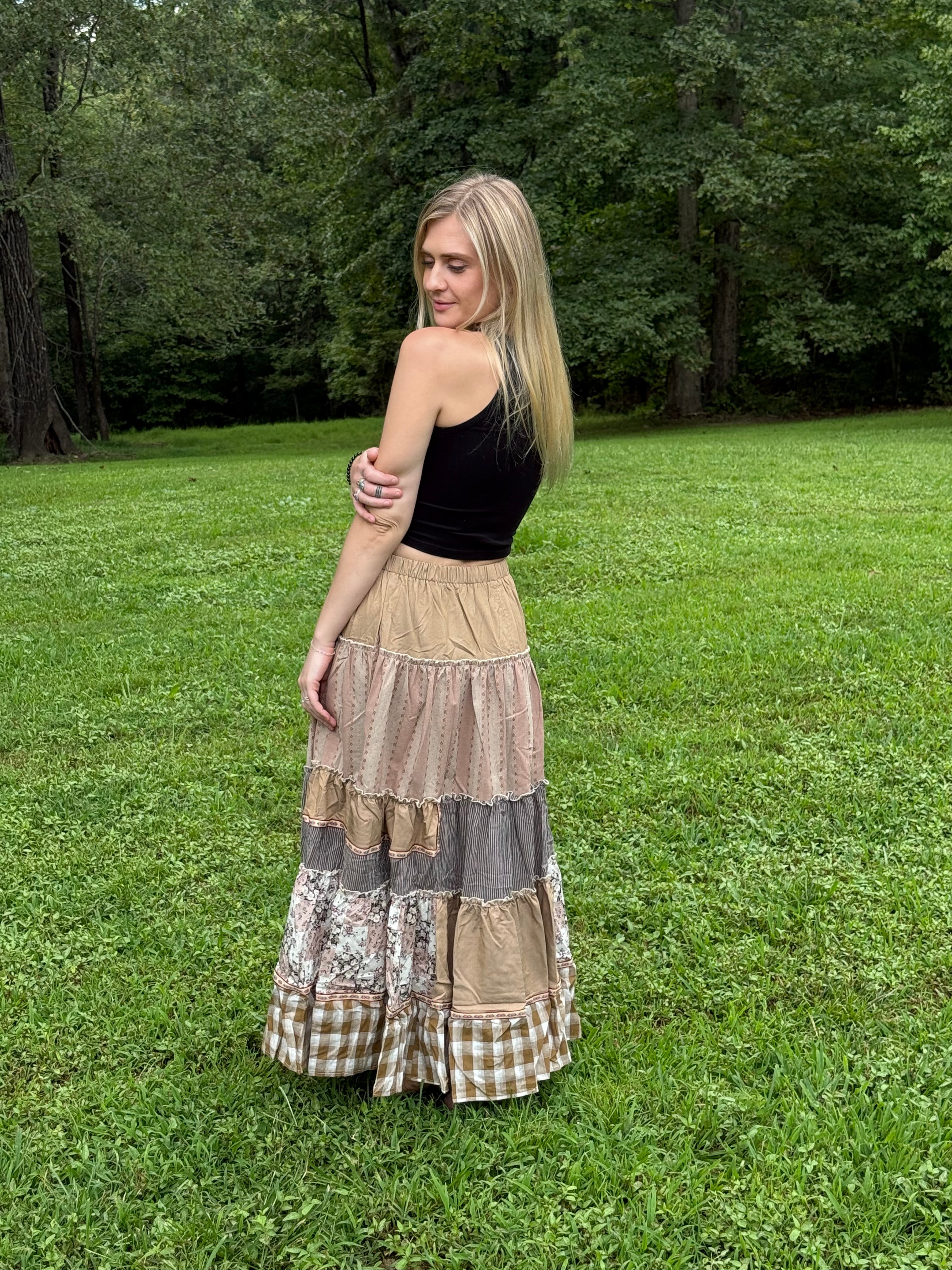 Patchwork Tiered Maxi Skirt - Mocha
