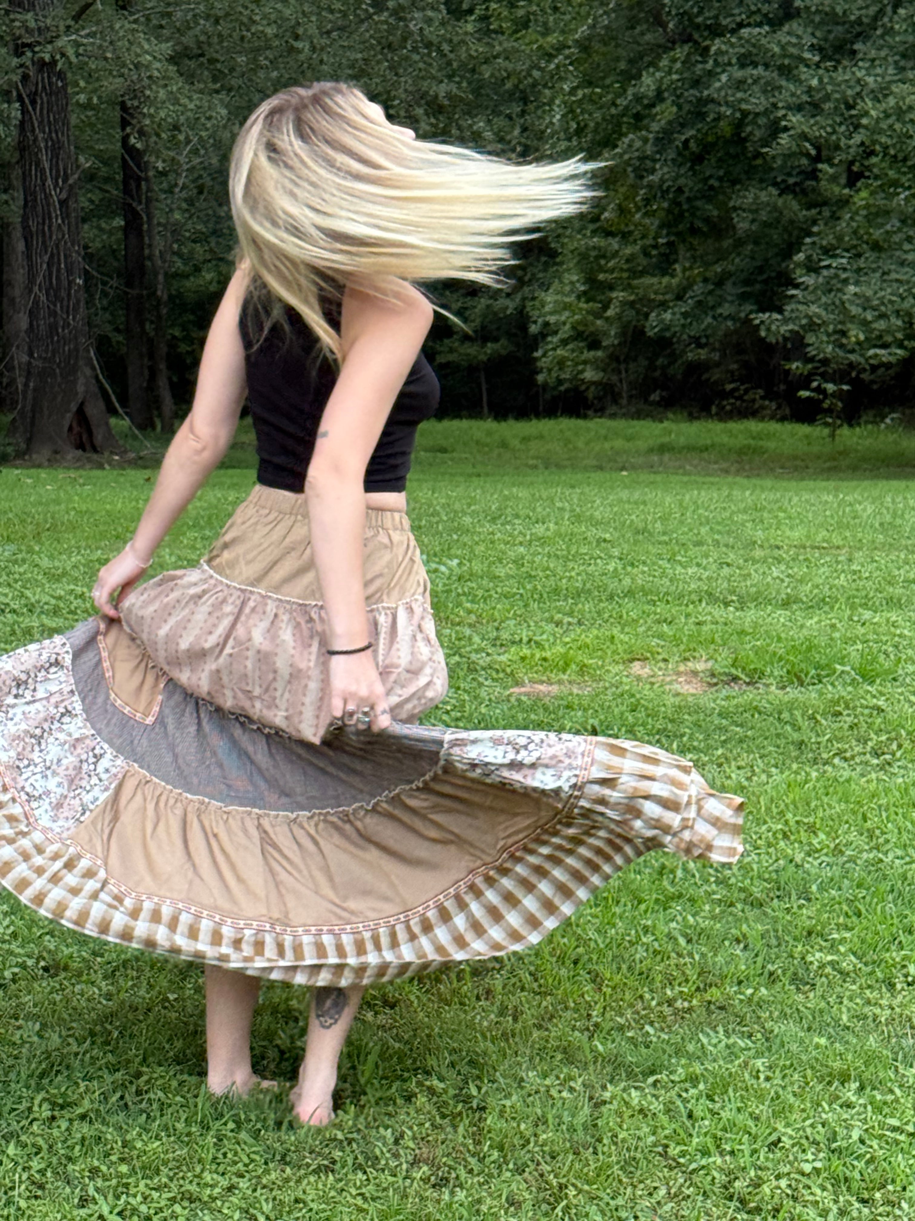 Patchwork Tiered Maxi Skirt - Mocha