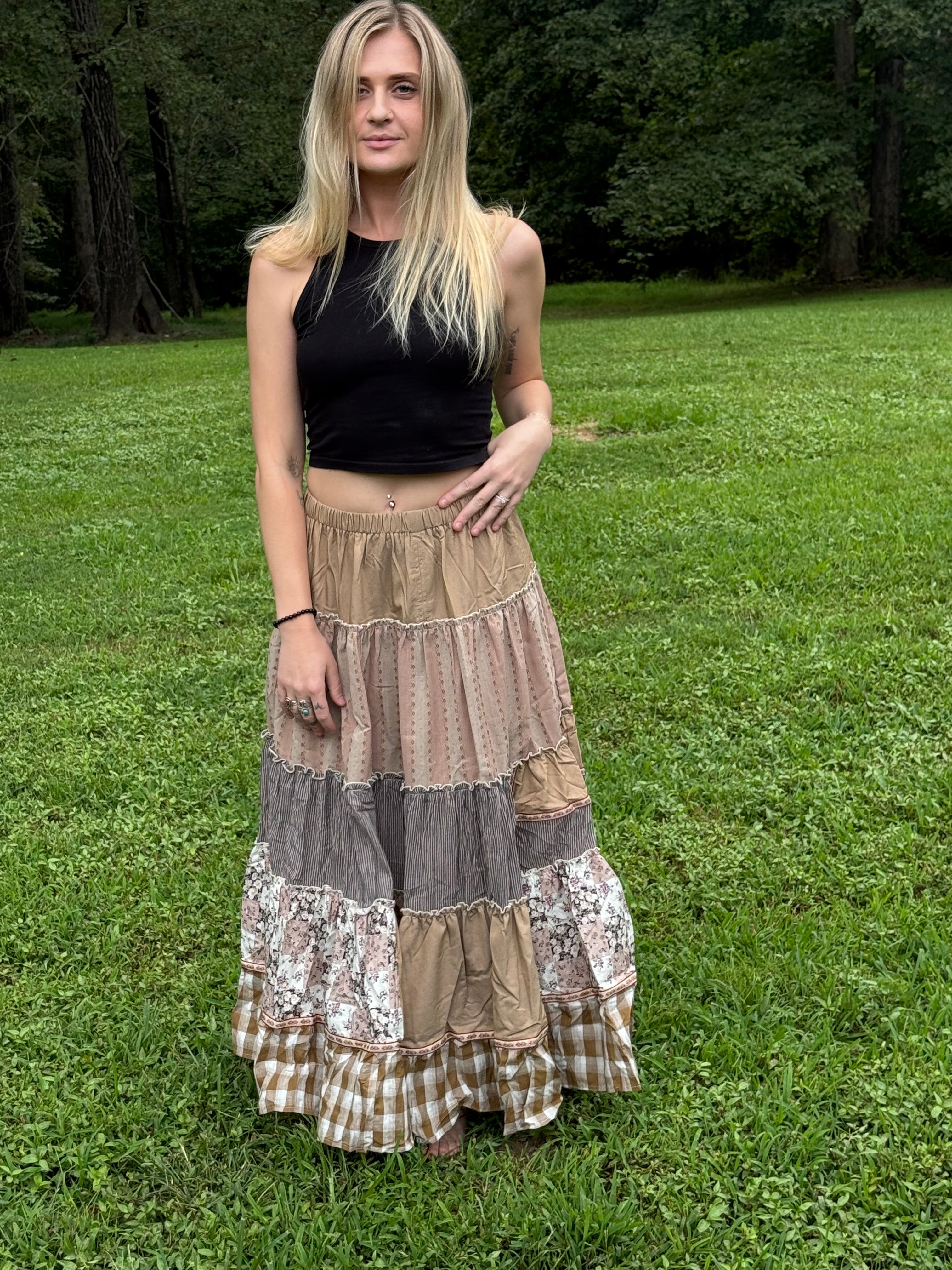 Patchwork Tiered Maxi Skirt - Mocha