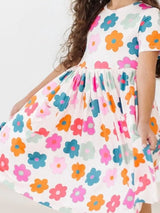 Girls: Retro Floral Short Sleeved Twirl Dress