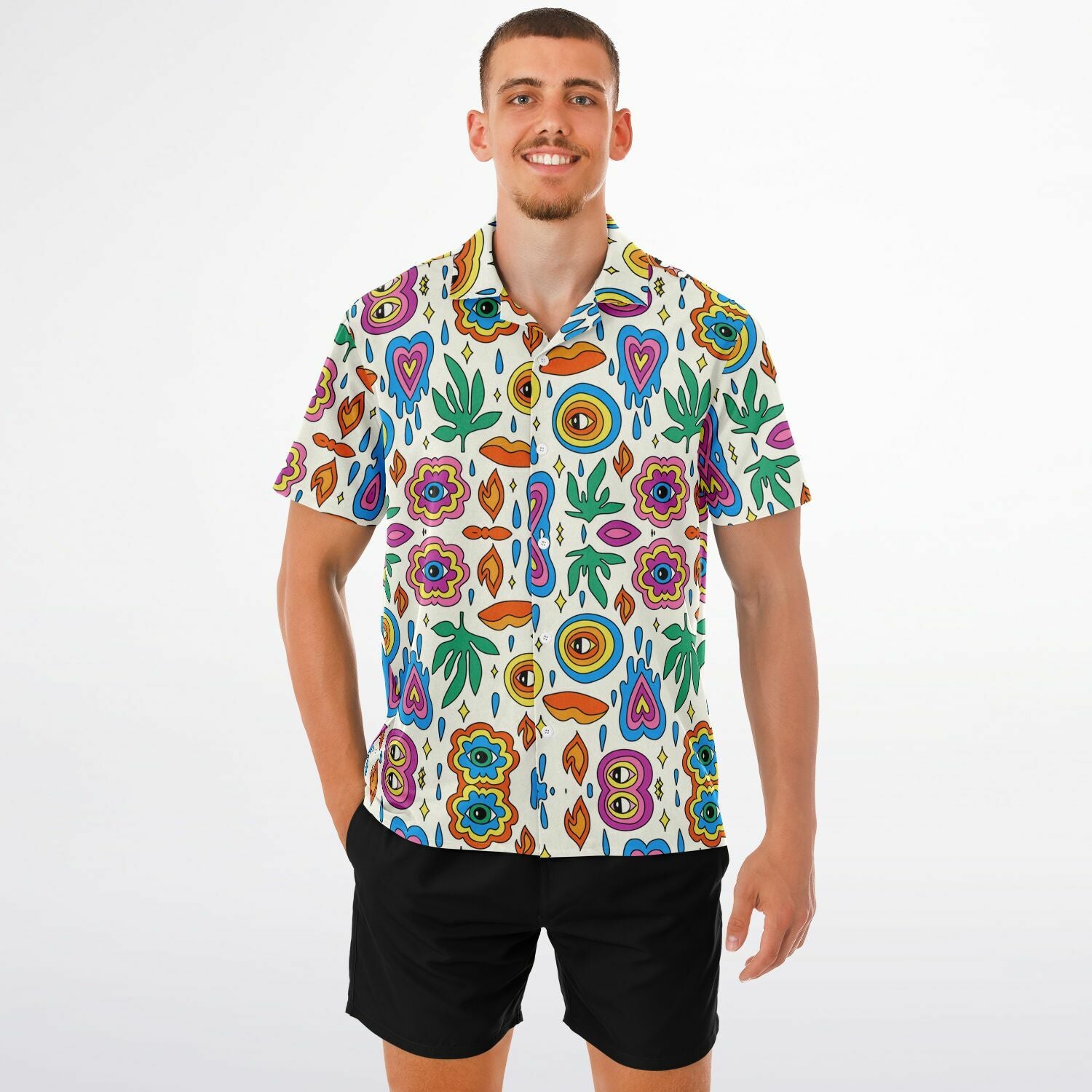 Spread Collar Short Sleeve Button-Down Shirt - AOP