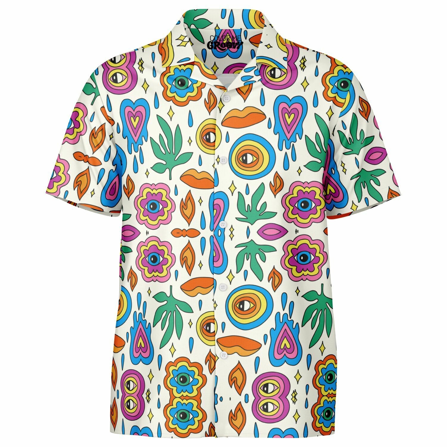 Spread Collar Short Sleeve Button-Down Shirt - AOP